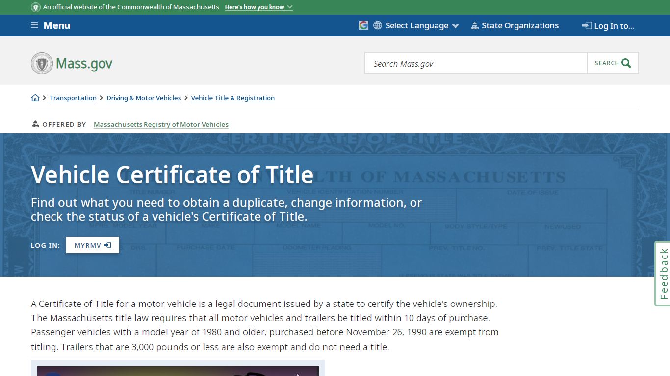 Vehicle Certificate of Title | Mass.gov